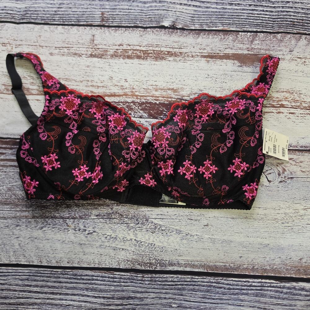 NWT Fredericks of Hollywood Underwire Black & Pink Flowers and Red Trim Size 40D